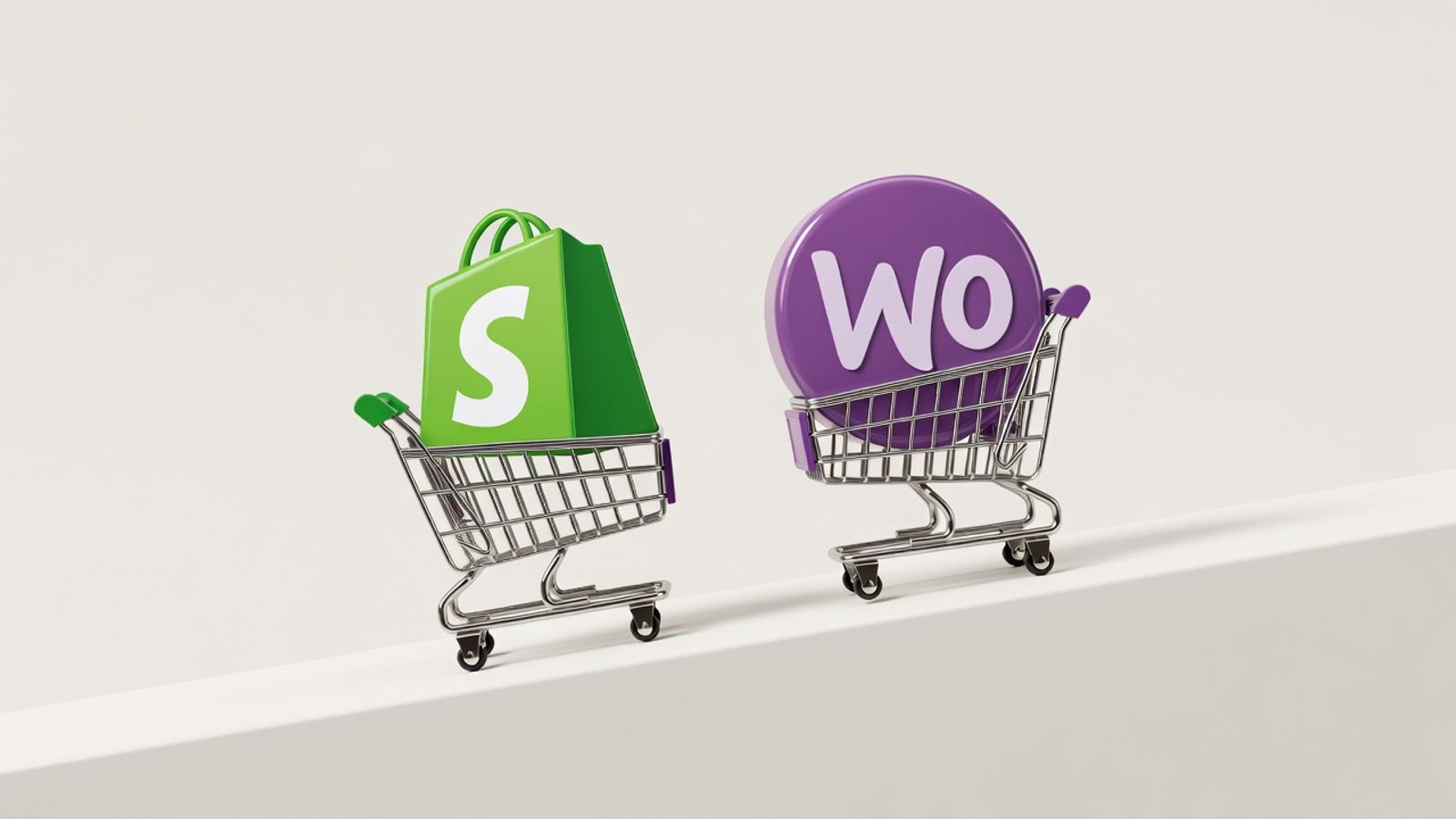 Shopify and WooCommerce logos riding shopping carts down a ramp