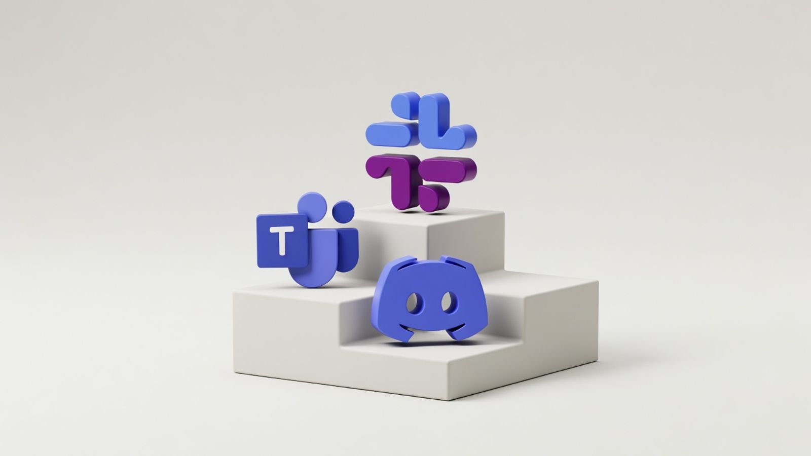 Slack logo atop a winners podium with Microsoft Teams and Discord logos on lower steps