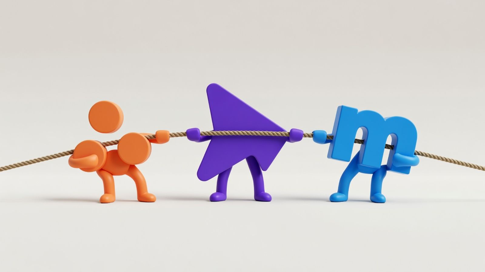 Asana logo in a tug-of-war against ClickUp and monday.com logos
