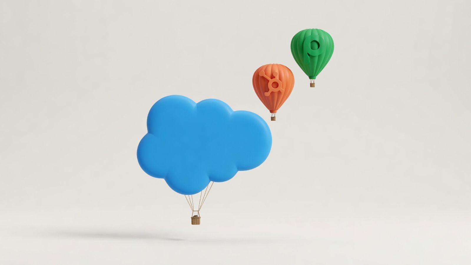 Salesforce cloud as a hot-air balloon with HubSpot and Pipedrive balloons behind