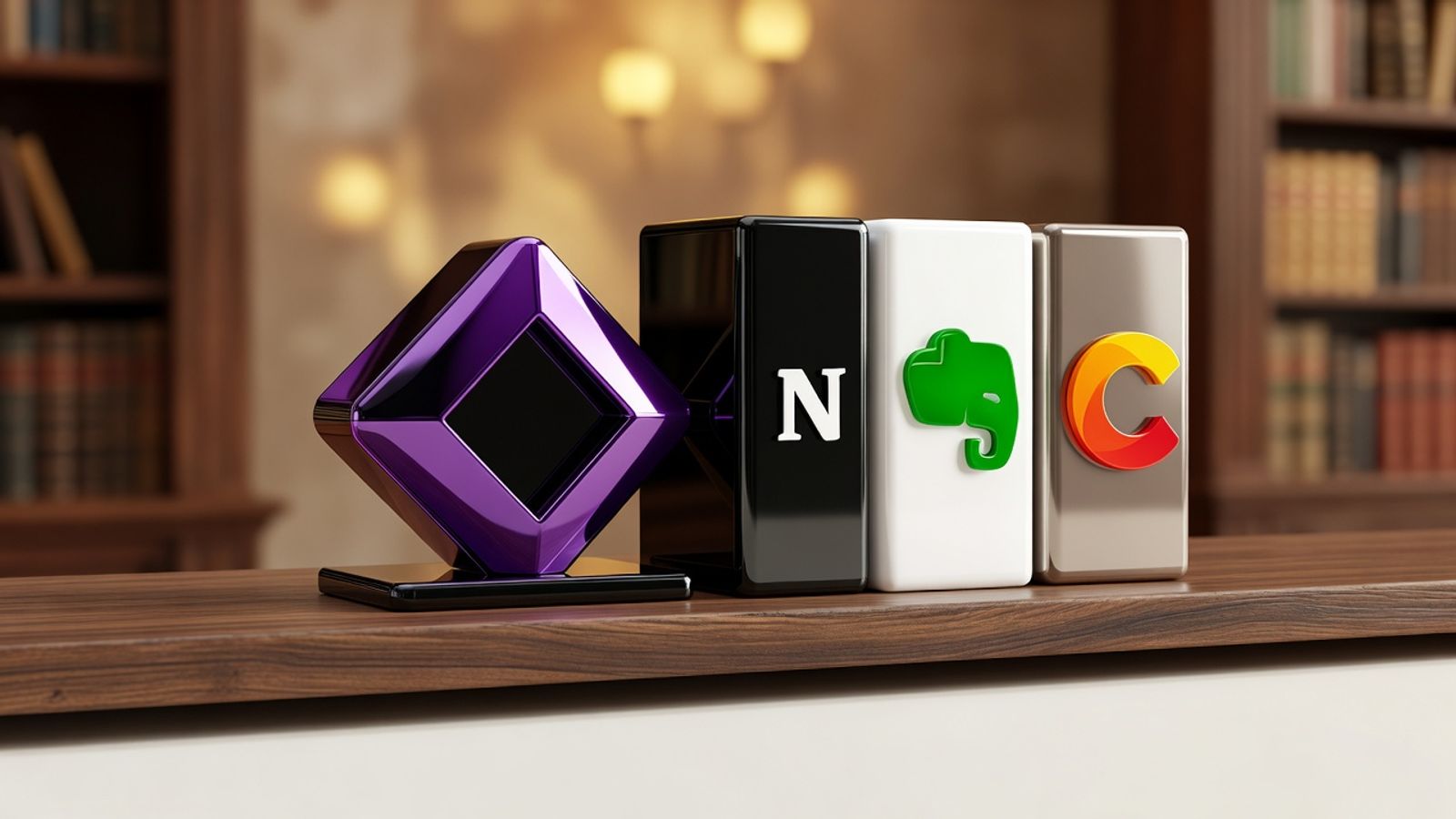 Obsidian diamond logo as a bookend with Notion, Evernote, and Coda logos as books on a wooden library shelf