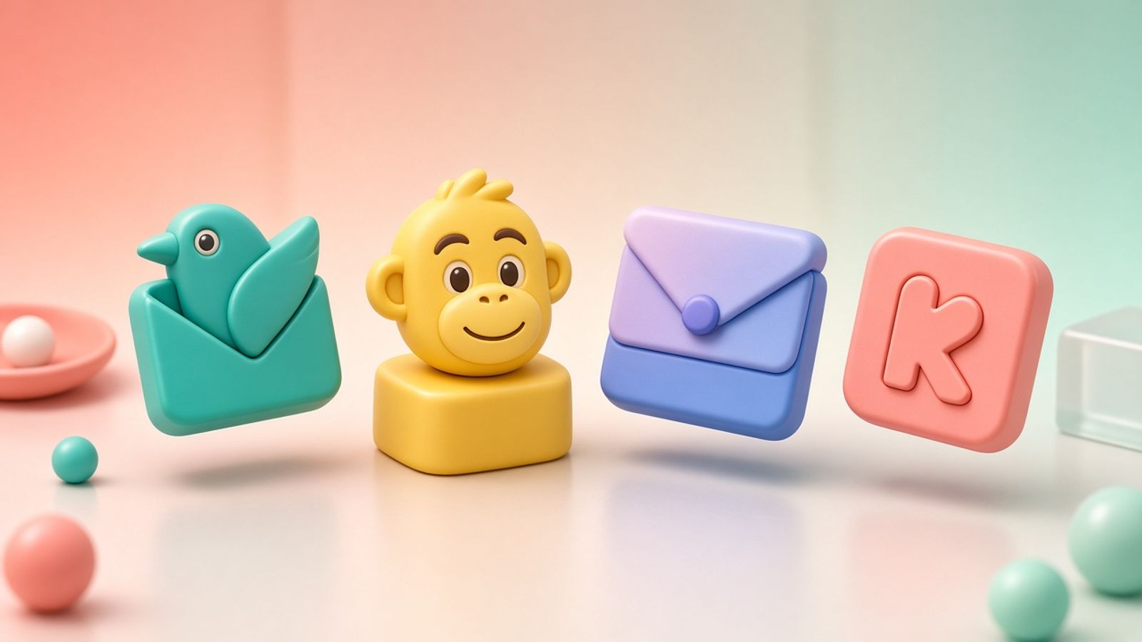 Playful 3D logos for Brevo, Mailchimp, MailerLite, and Kit email marketing tools