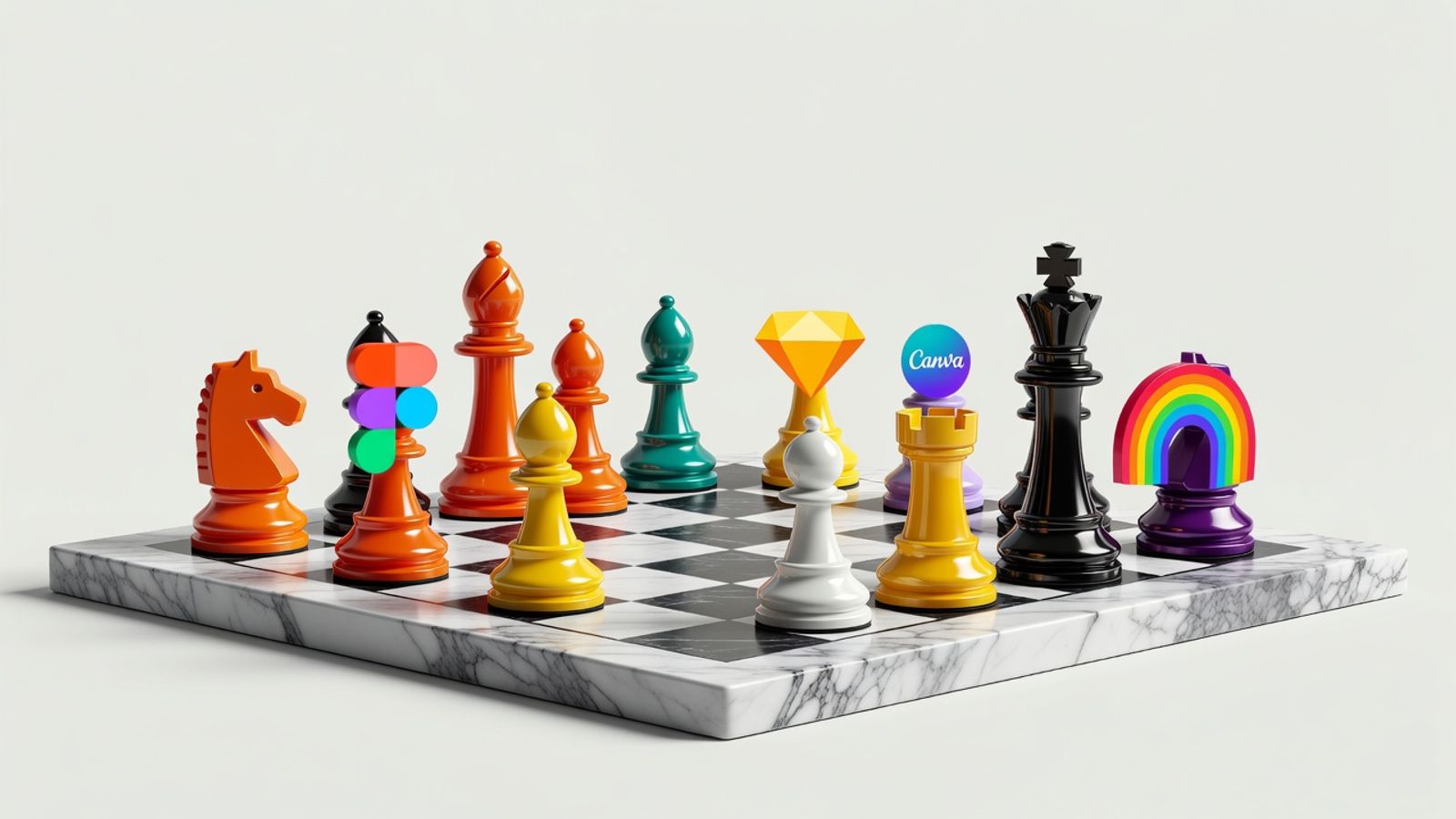 Penpot, Figma, Sketch, and Canva logos as chess pieces facing off on a marble board