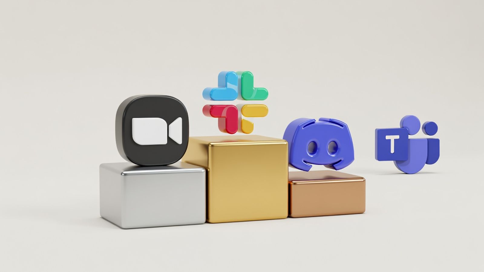 Slack, Zoom, and Discord logos on a winners podium with Teams watching from the sidelines