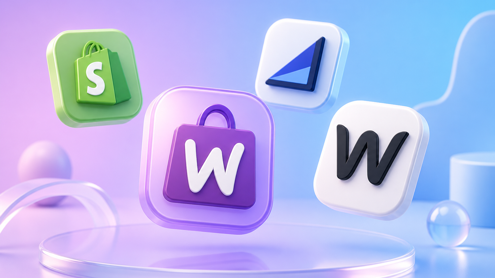 Playful 3D logos of WooCommerce, Shopify, BigCommerce, and Wix