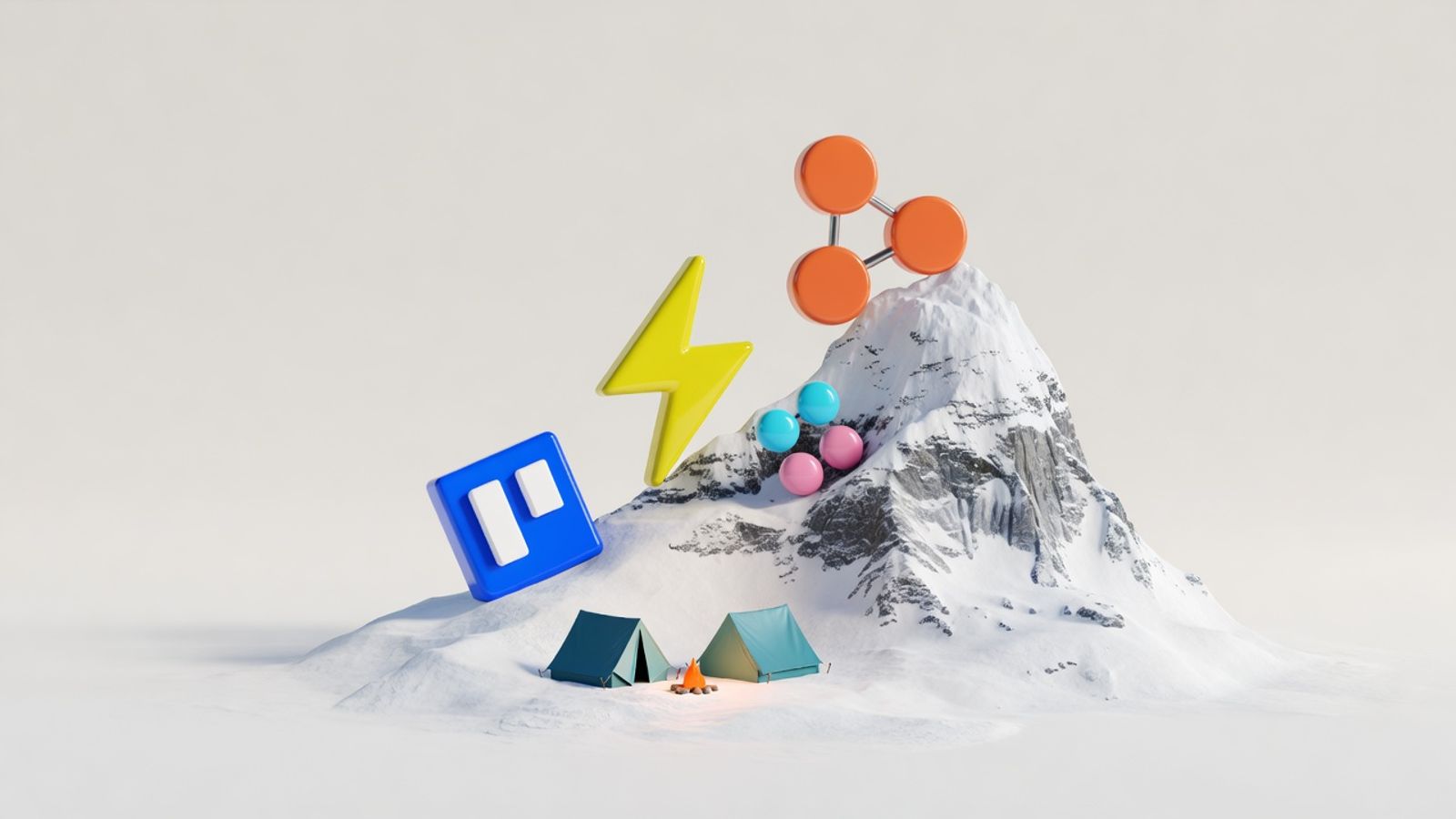 Basecamp tent logo at mountain base while ClickUp, Asana, Trello and monday.com logos climb the peak above