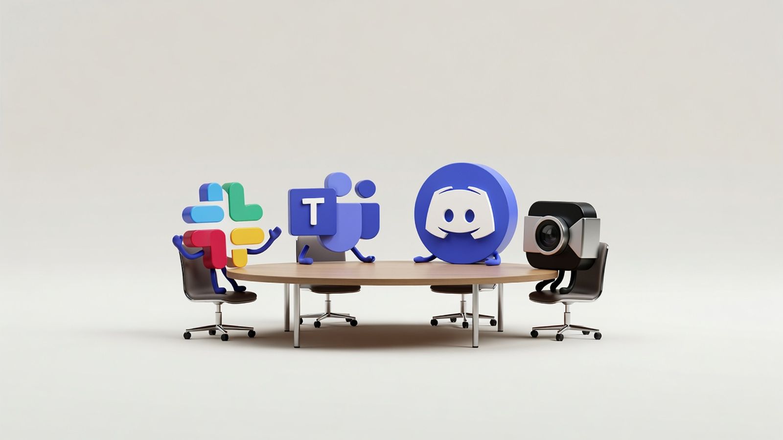 Slack, Microsoft Teams, Discord and Zoom logos seated around a boardroom table