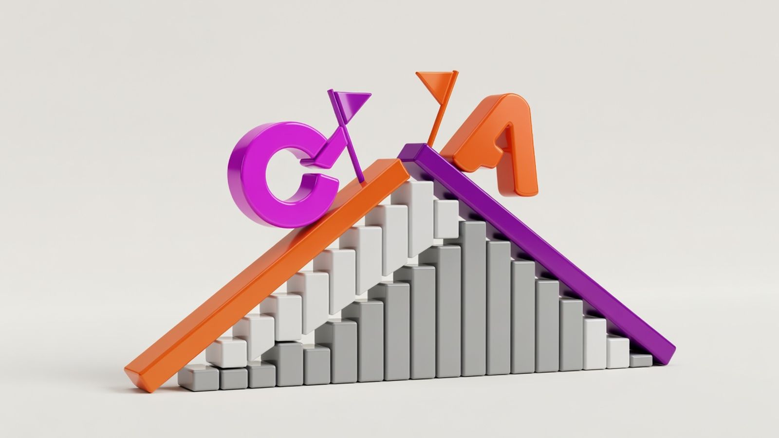 ClickUp and Asana logos racing to plant flags atop a giant gantt chart mountain