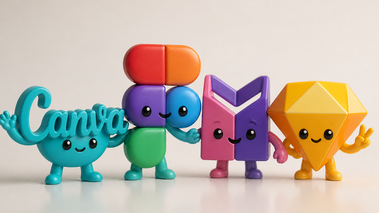 Playful 3D collectible figures of the Canva, Figma, Penpot, and Sketch logos holding hands in a studio scene