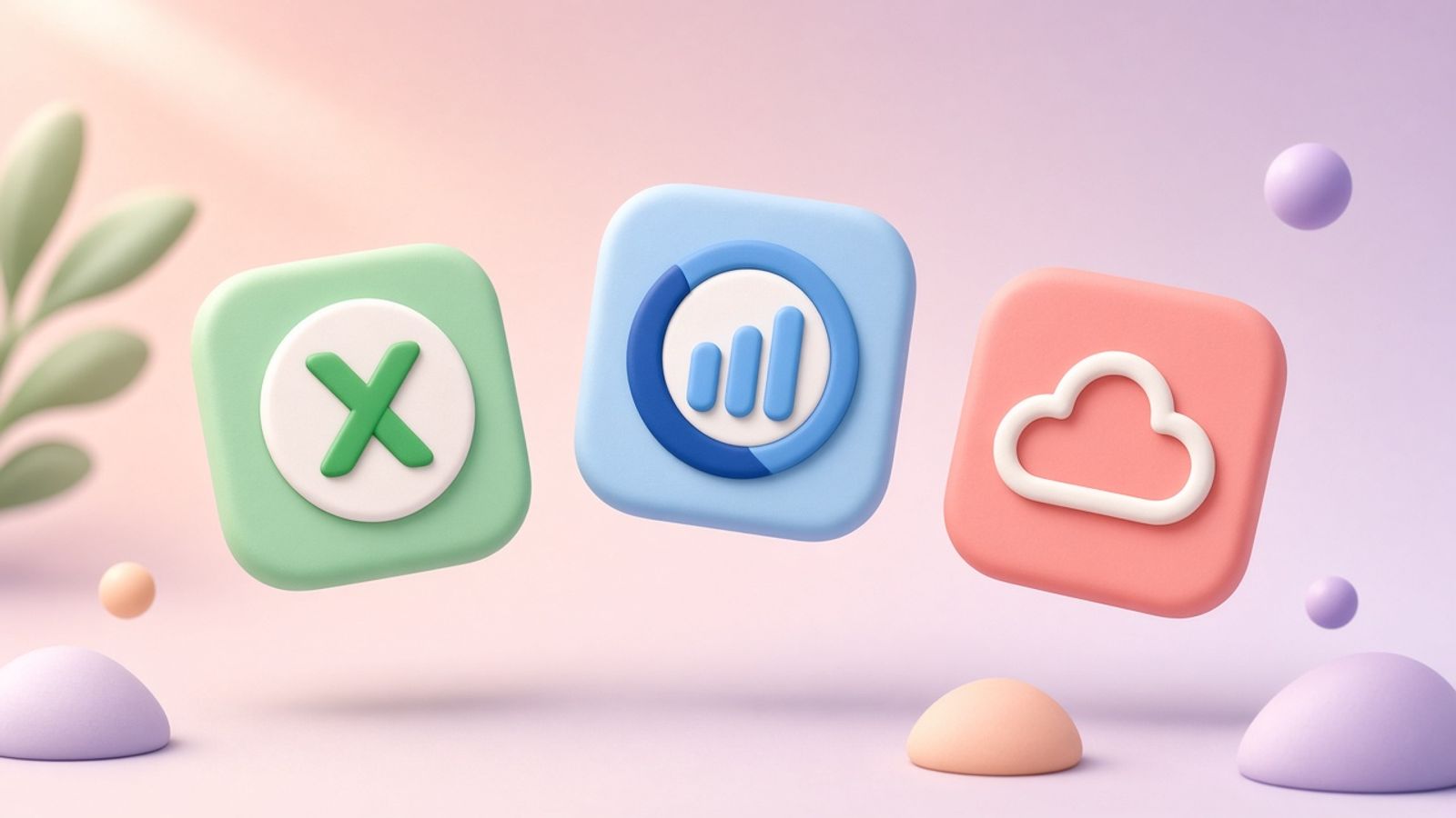 Playful 3D scene with Xero, QuickBooks, and FreshBooks product logos