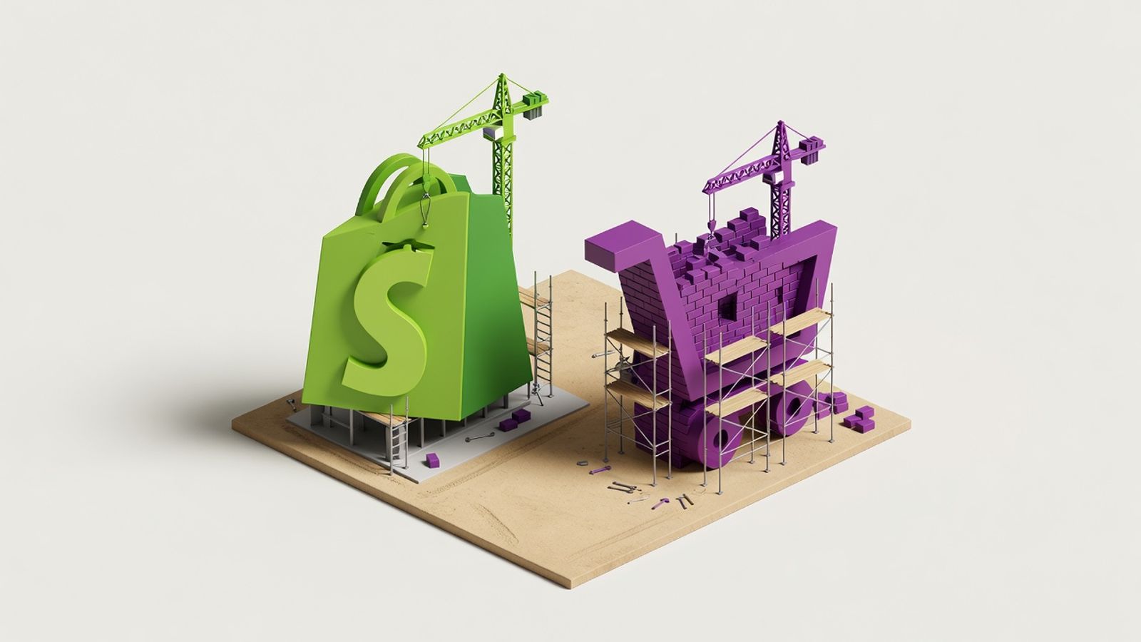 Shopify bag and WooCommerce cart logos as rival builders on an isometric construction site, one prefab modular and one custom brick-by-brick