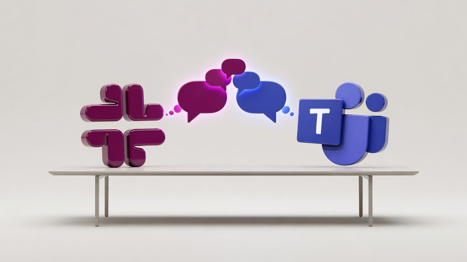 Slack hash and Microsoft Teams logos firing chat bubbles at each other across a conference table