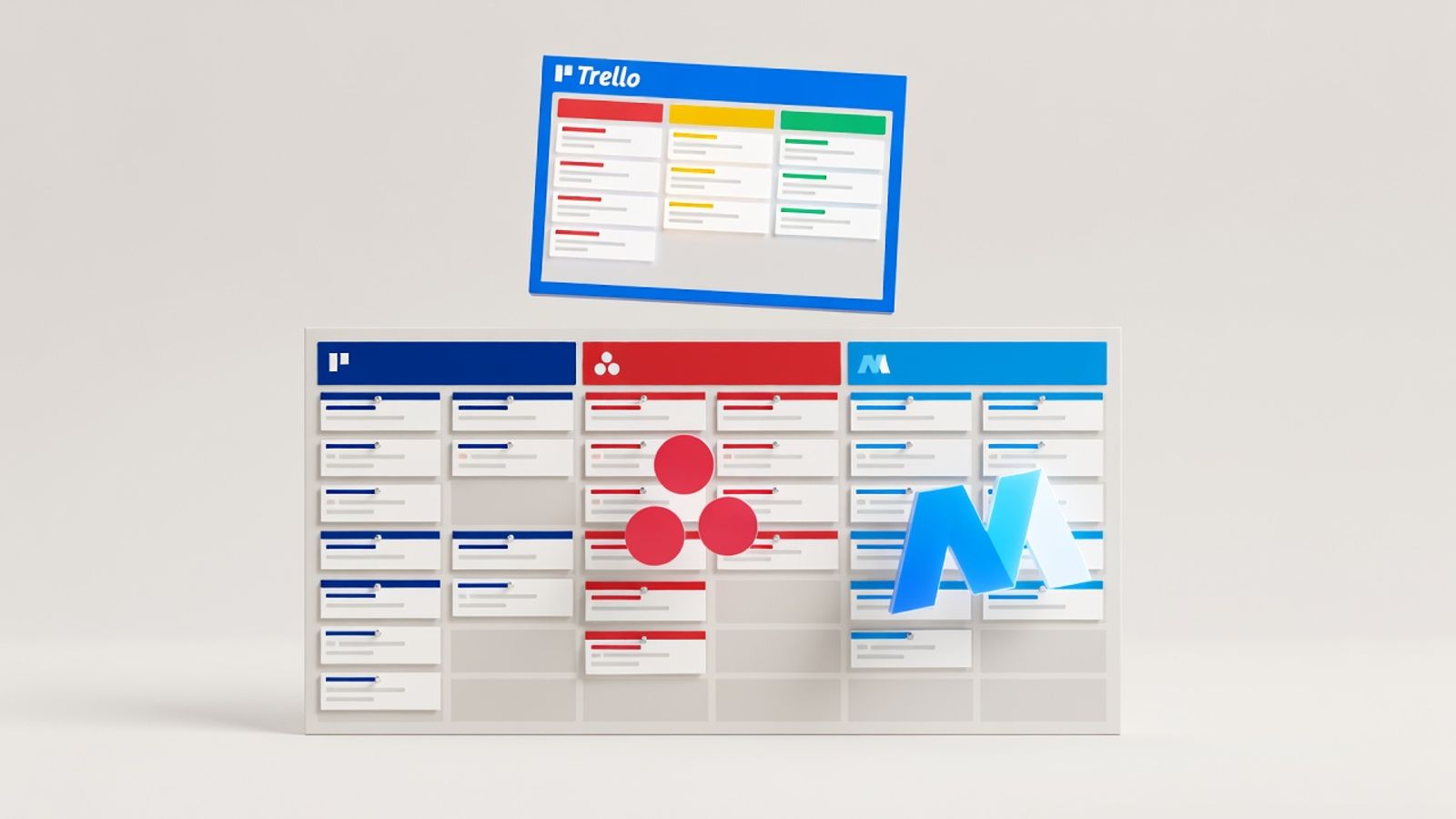 Trello logo overseeing a kanban wall while Asana and monday.com logos pin cards