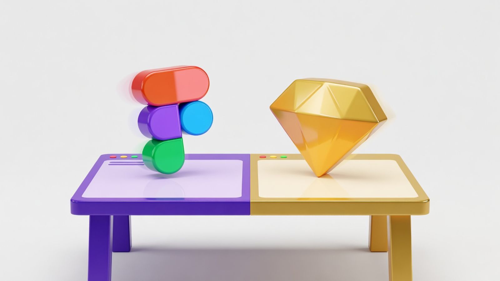 Figma F and Sketch diamond logos as rival game pieces at a split artboard table