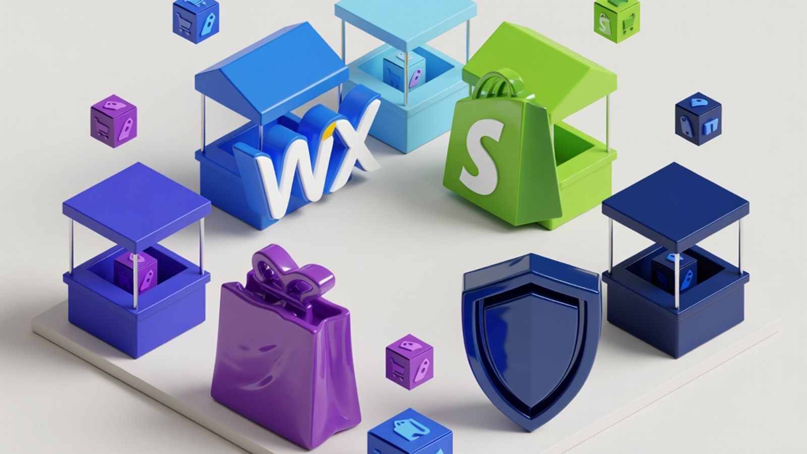 Wix, Shopify, WooCommerce and BigCommerce logos as game pieces at competing market stalls in an isometric plaza