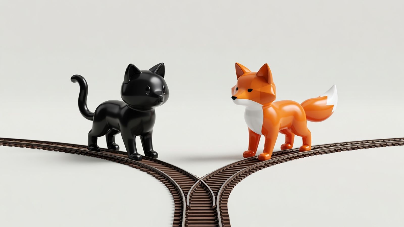 GitHub octocat and GitLab fox logos as rival game pieces at a forking railway track, each on their own diverging path