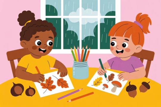 Herfstvakantie 2026: kleuren en knutselen bij regen — illustratie