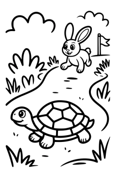 Kleurplaat van een schildpad en een rennende haas op een pad richting een finishvlag.