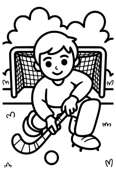 Kleurplaat van een jonge hockeykeeper die met zijn stick klaarstaat voor het doel.