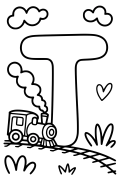 Kleurplaat van de letter T uit het alfabet, met een kleine rijdende stoomtrein.