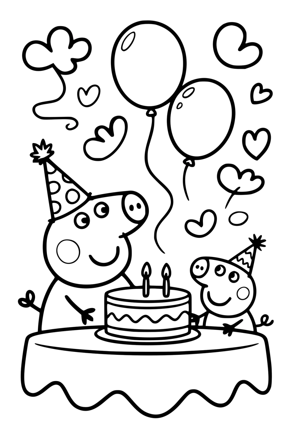 Kleurplaat van Peppa Pig en George met feesthoedjes bij een verjaardagstaart met ballonnen.