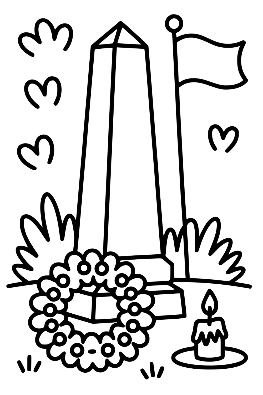 Kleurplaat voor Bevrijdingsdag van een oorlogsmonument met een bloemenkrans en een brandende kaars.