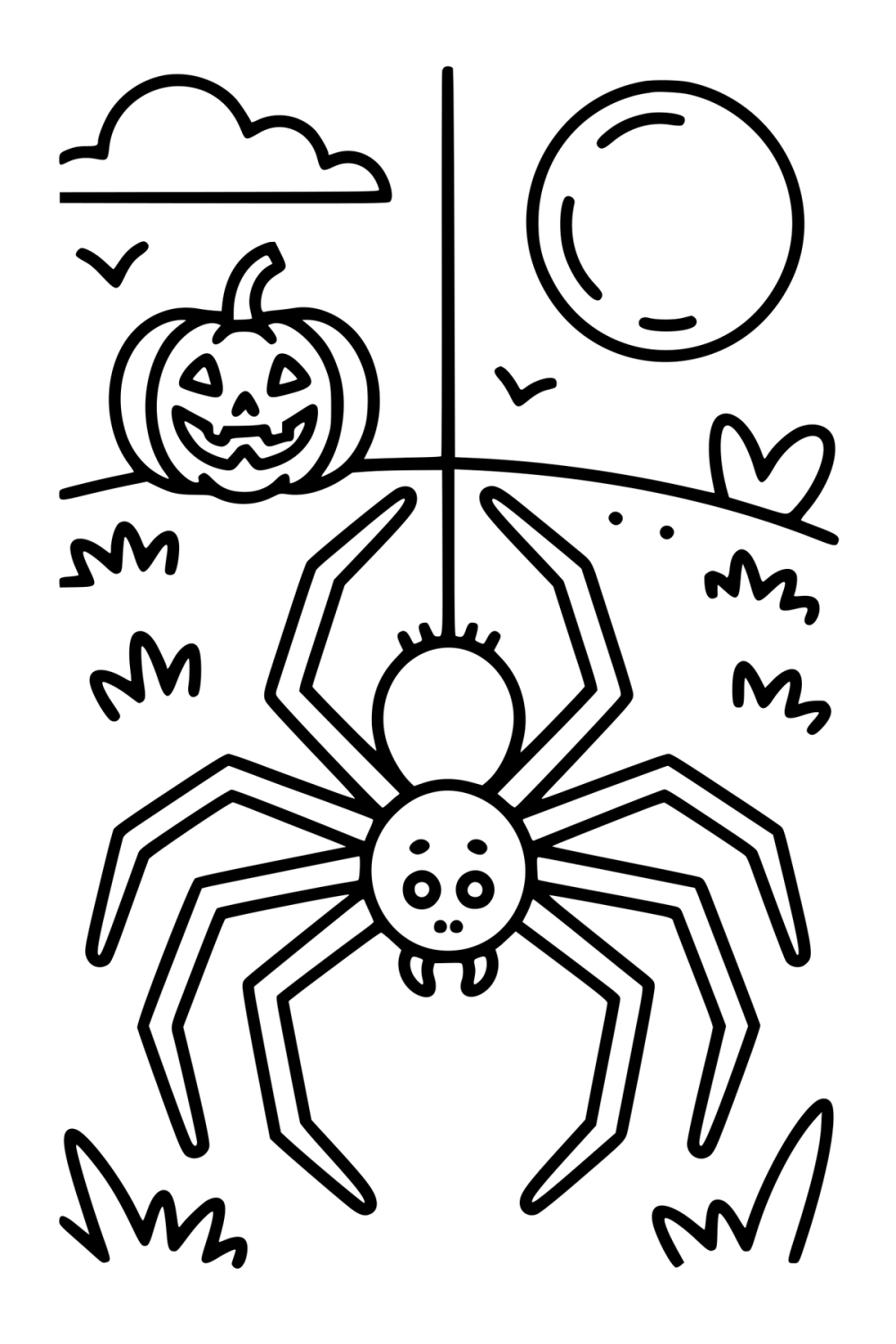 Kleurplaat van een grote hangende spin met een uitgesneden Halloween pompoen op de achtergrond.