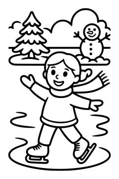 Kleurplaat van een schaatsend meisje met uitgestrekte armen voor een sneeuwpop en dennenboom.