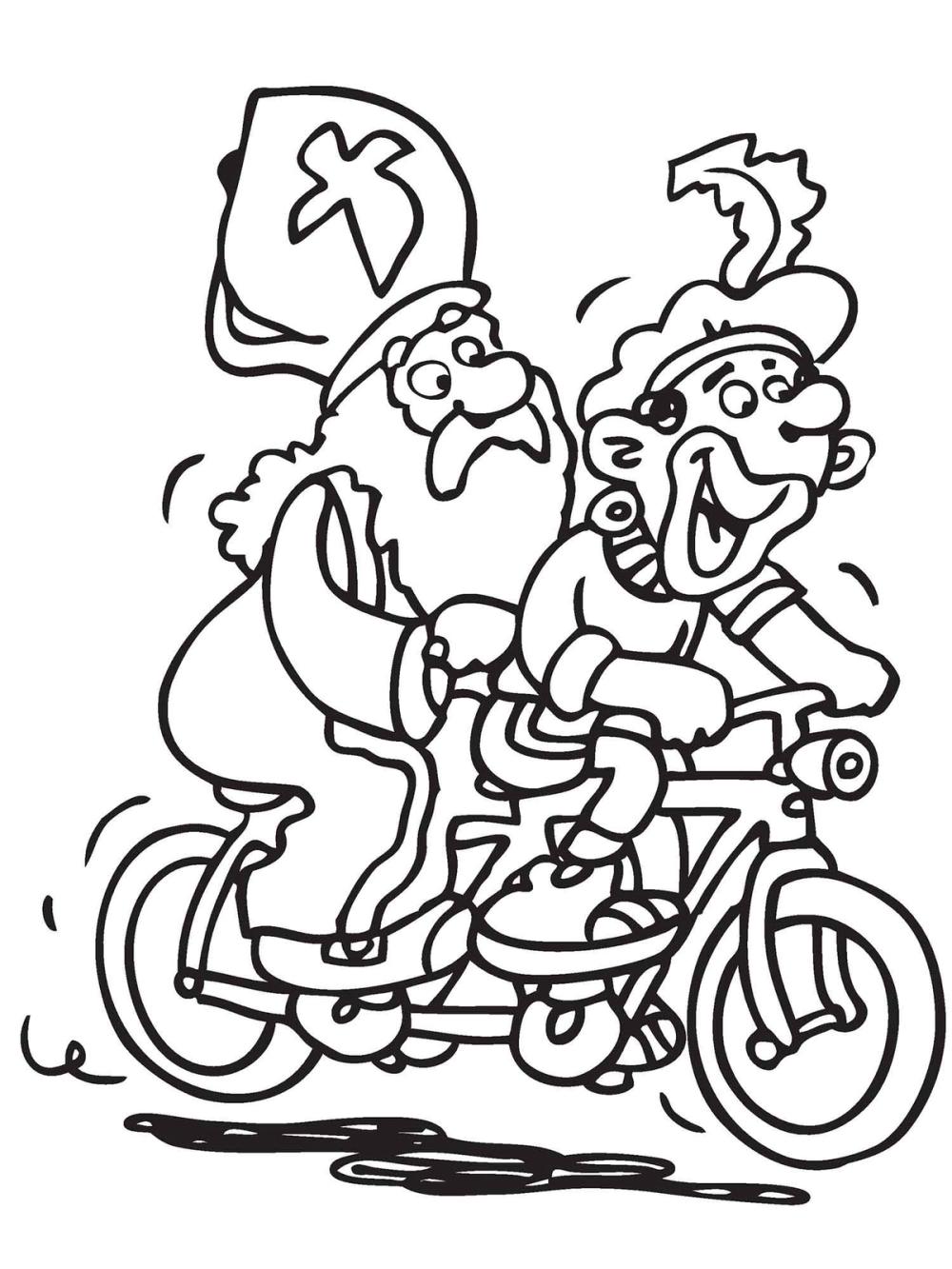 kleurplaat sinterklaas op een fiets