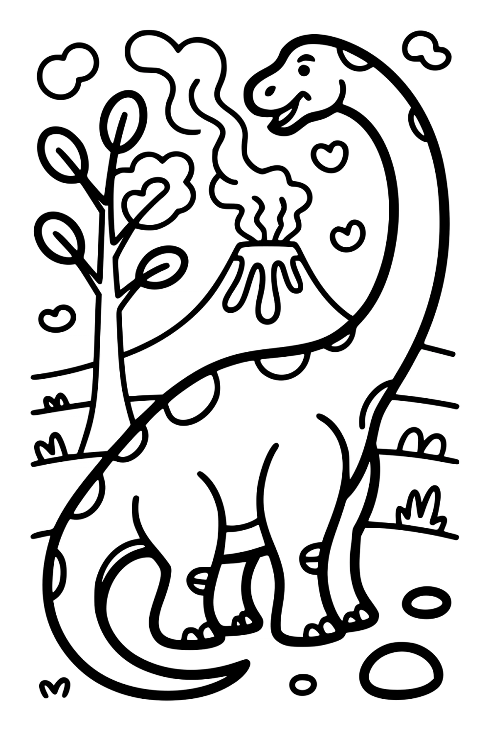 Kleurplaat van een brachiosaurus met een lange nek naast een rokende vulkaan.