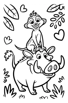 Kleurplaat van Timon die lachend op de rug van Pumbaa zit tussen grote bladeren.