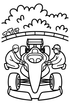 Kleurplaat van een Formule 1 auto tijdens een pitstop met twee werkende monteurs.