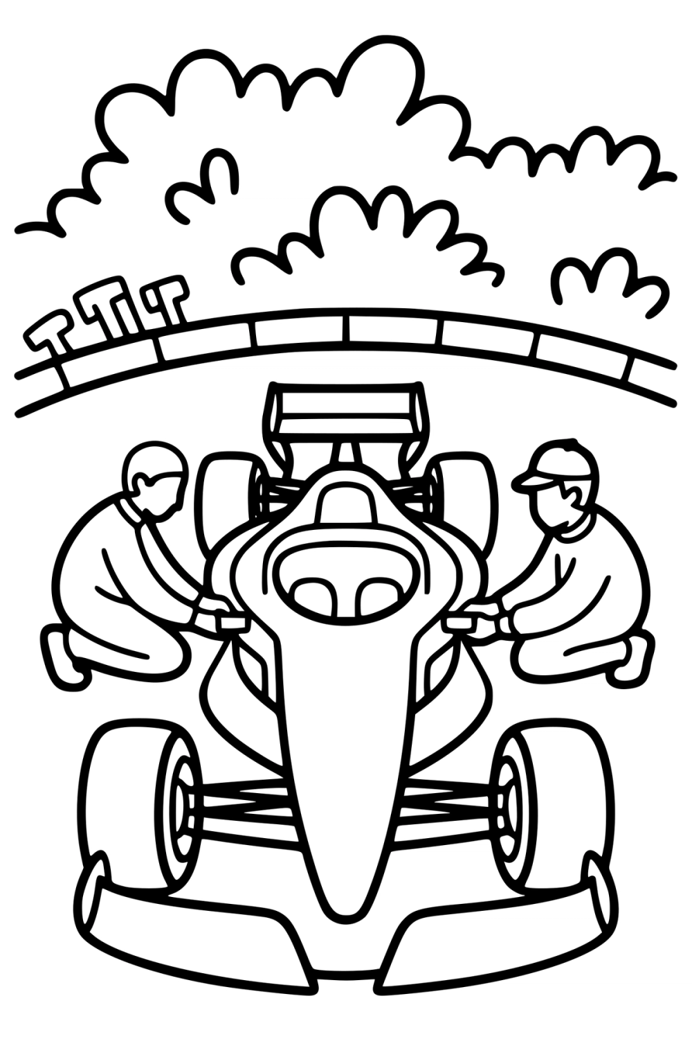 Kleurplaat van een Formule 1 auto tijdens een pitstop met twee werkende monteurs.