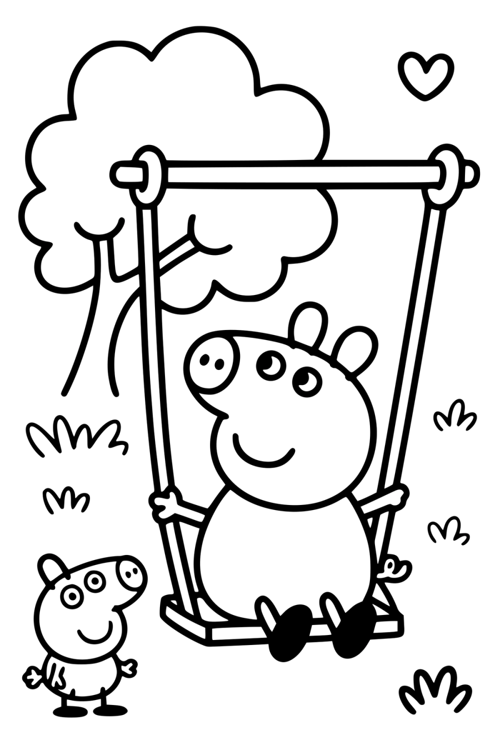 Kleurplaat van Peppa Pig op een schommel met George die ernaast staat te wachten.