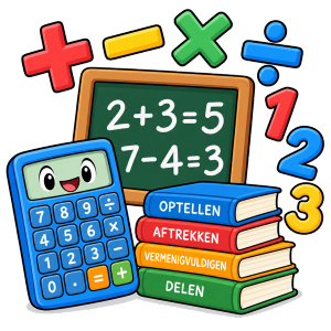 Rekenen met plus, min, keer en delen, een schoolbord en een rekenmachine