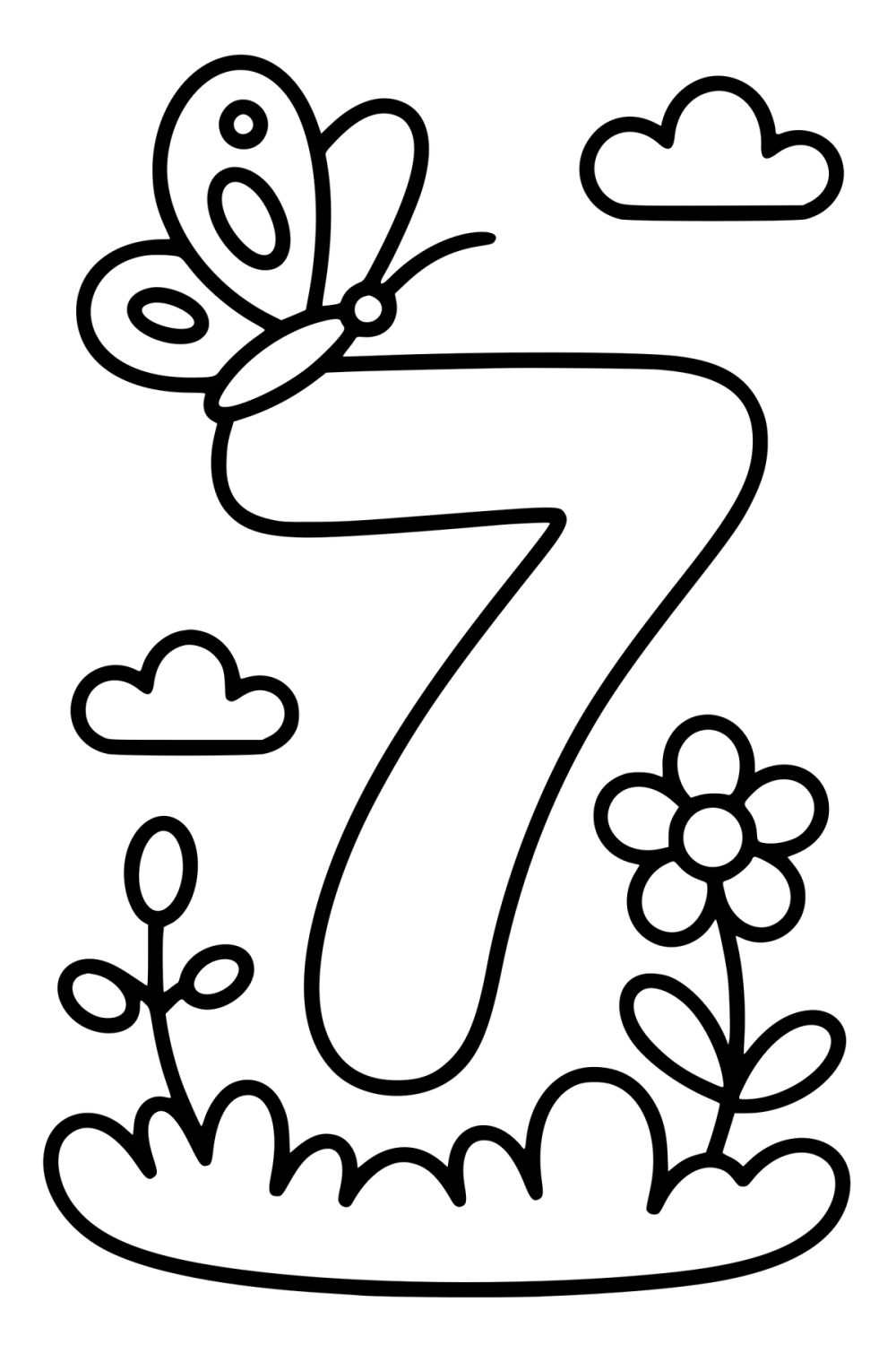Kleurplaat van een groot cijfer 7 met een vlinder erop en een bloem.