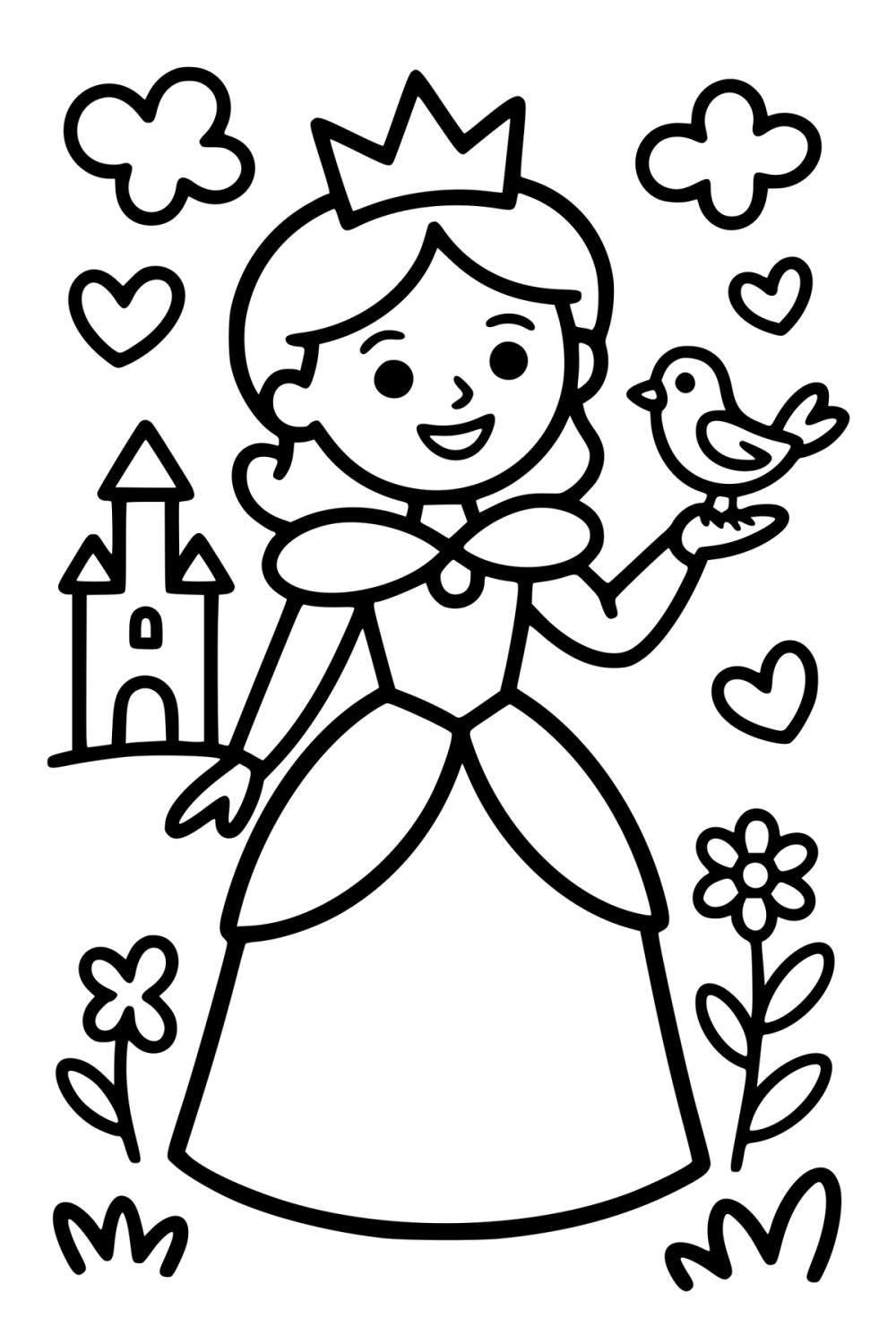 prinses met vogeltje kleurplaat om gratis te printen