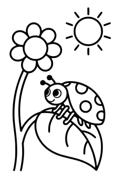 Kleurplaat van een glimlachend lieveheersbeestje op een blad naast een bloem.