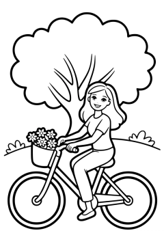 Kleurplaat van Barbie op een fiets met een bloemenmandje voor een grote boom.