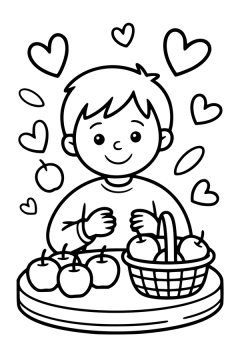 Kleurplaat rekenen met een lachende jongen die appels telt bij een rieten mandje.