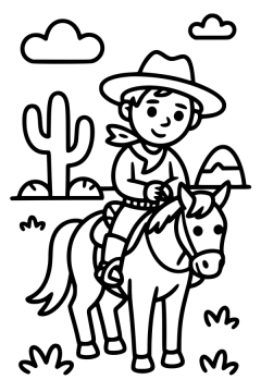 Kleurplaat van een jonge cowboy te paard in de woestijn naast een cactus.
