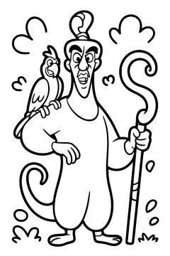 Kleurplaat van Aladdin-schurk Jafar met een staf in de hand en papegaai Iago.