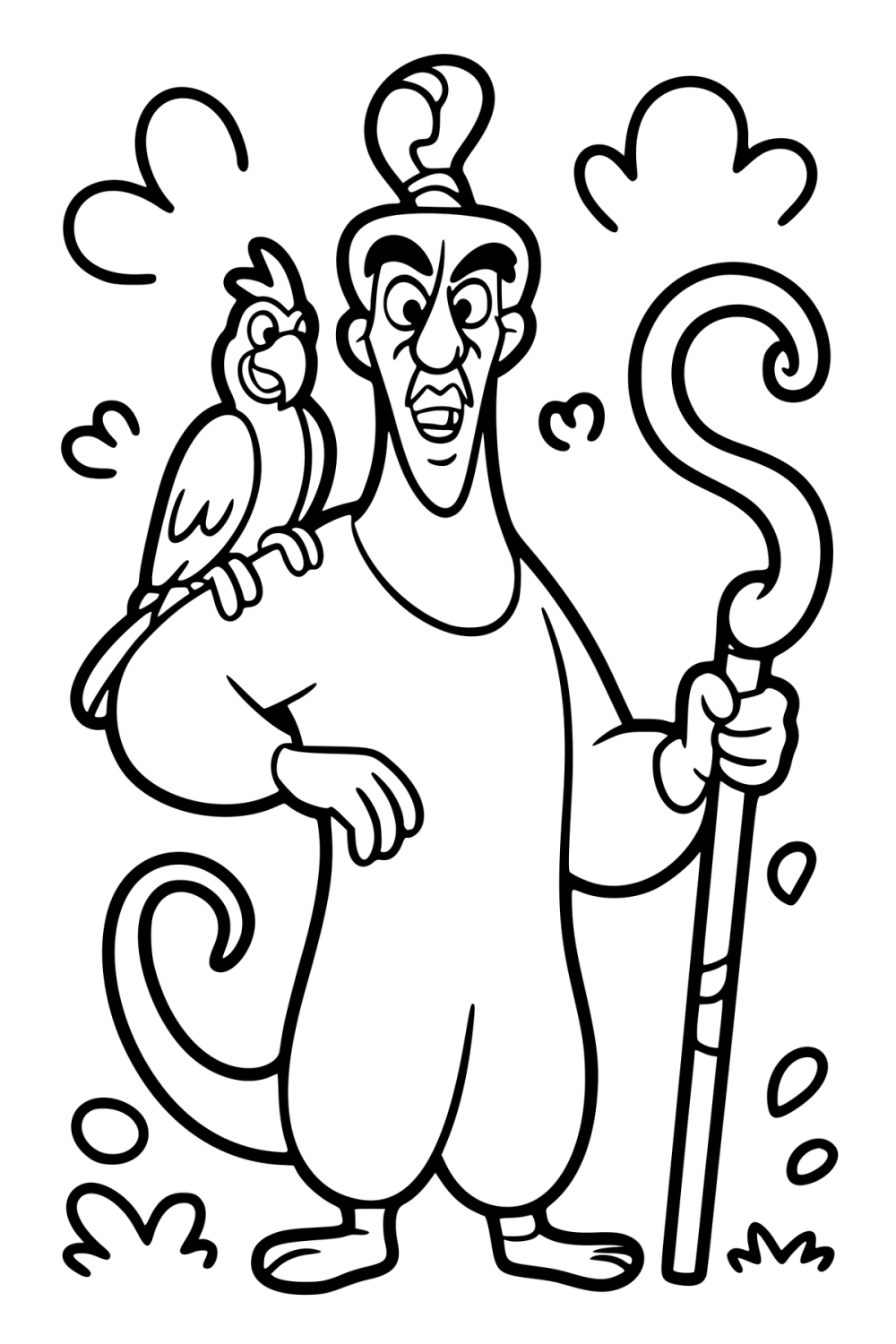 Kleurplaat van Aladdin-schurk Jafar met een staf in de hand en papegaai Iago.