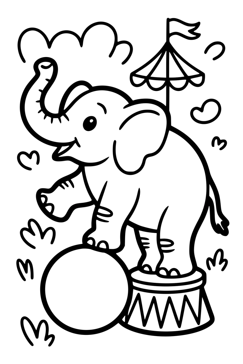 Kleurplaat van een olifant die balanceert met zijn poot op een ronde bal.