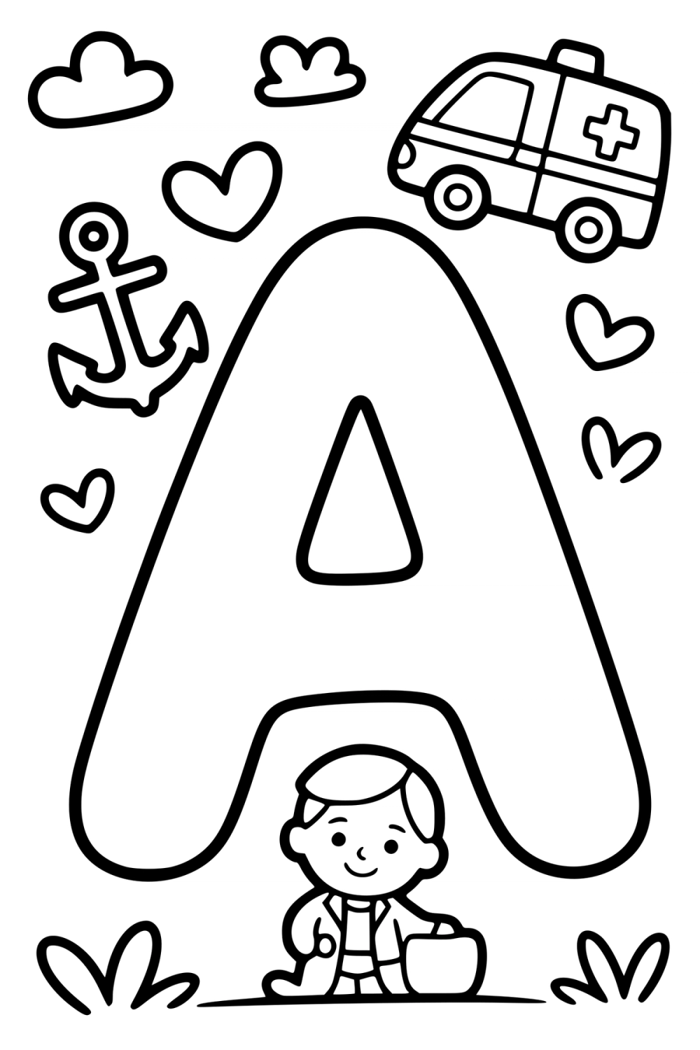 Alfabet kleurplaat van een grote hoofdletter A, met een arts, anker en een ambulance.