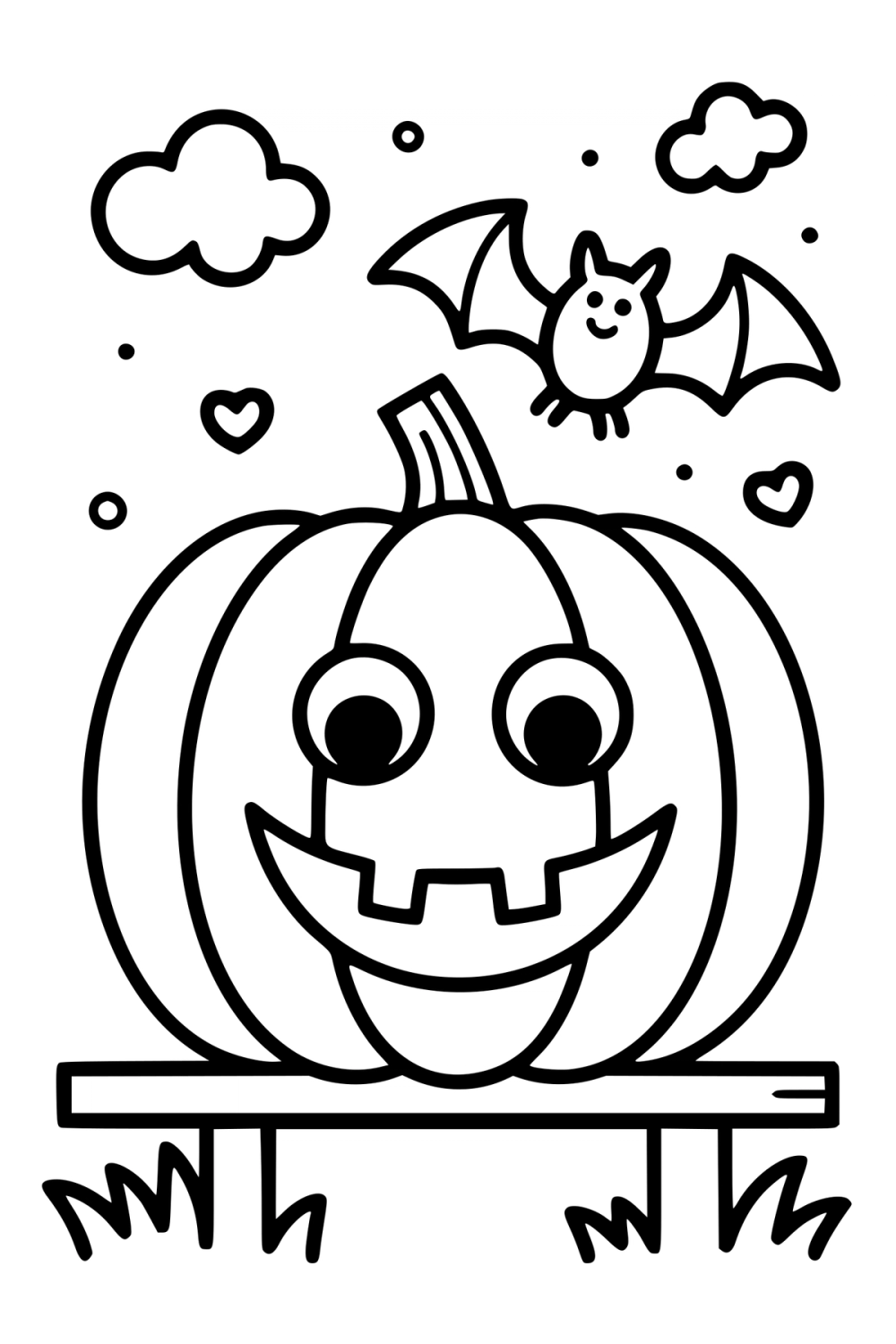Kleurplaat van een lachende Halloween-pompoen met een vliegende vleermuis daarboven.