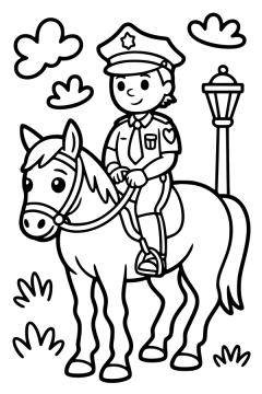 Kleurplaat van een lachende politieagent op een paard die langs een straatlantaarn stapt.