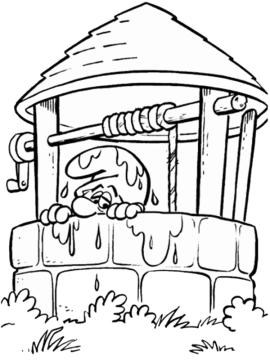 kleurplaat smurf in waterput