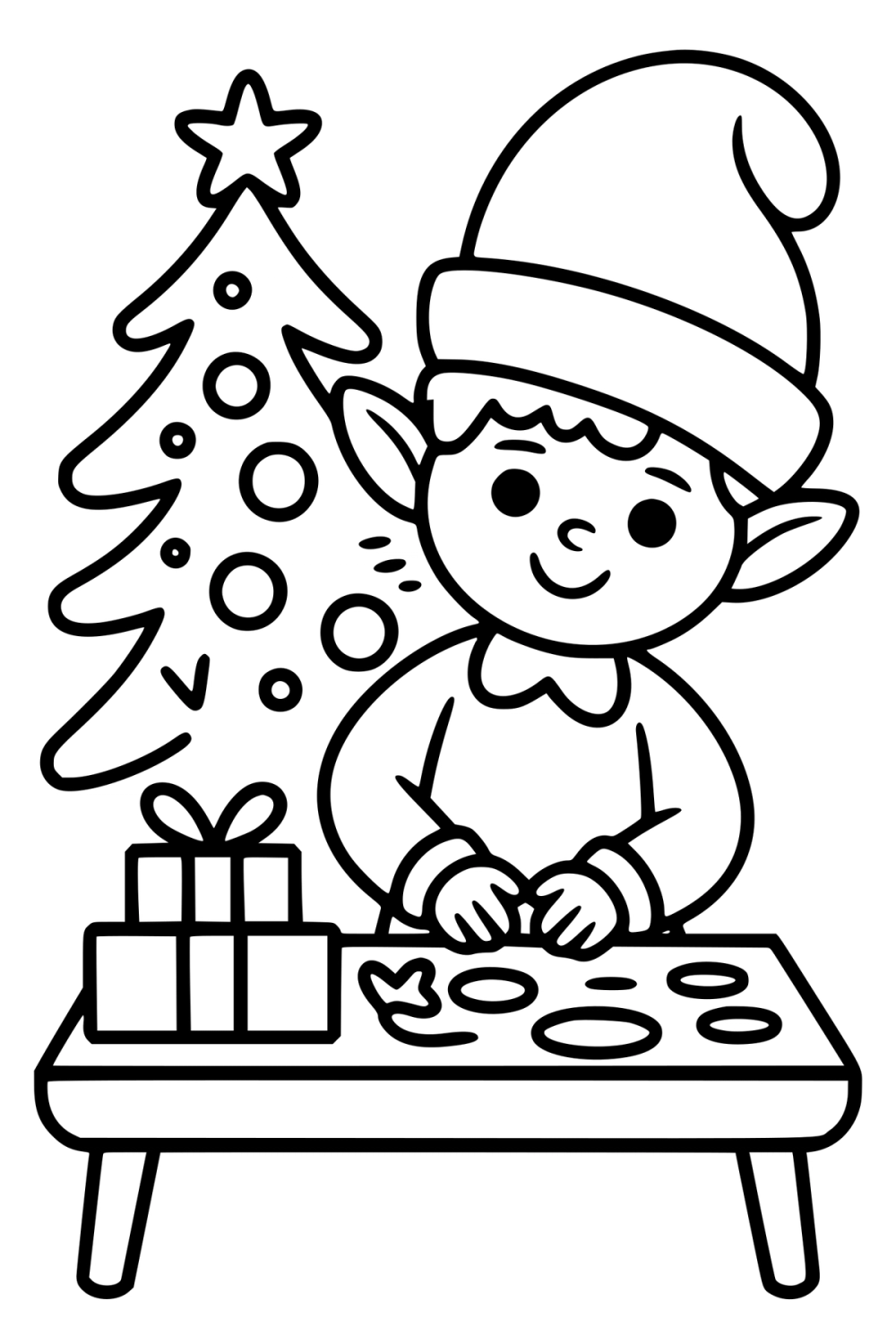 Kleurplaat van een kerstelf die aan een tafel werkt naast een versierde kerstboom.