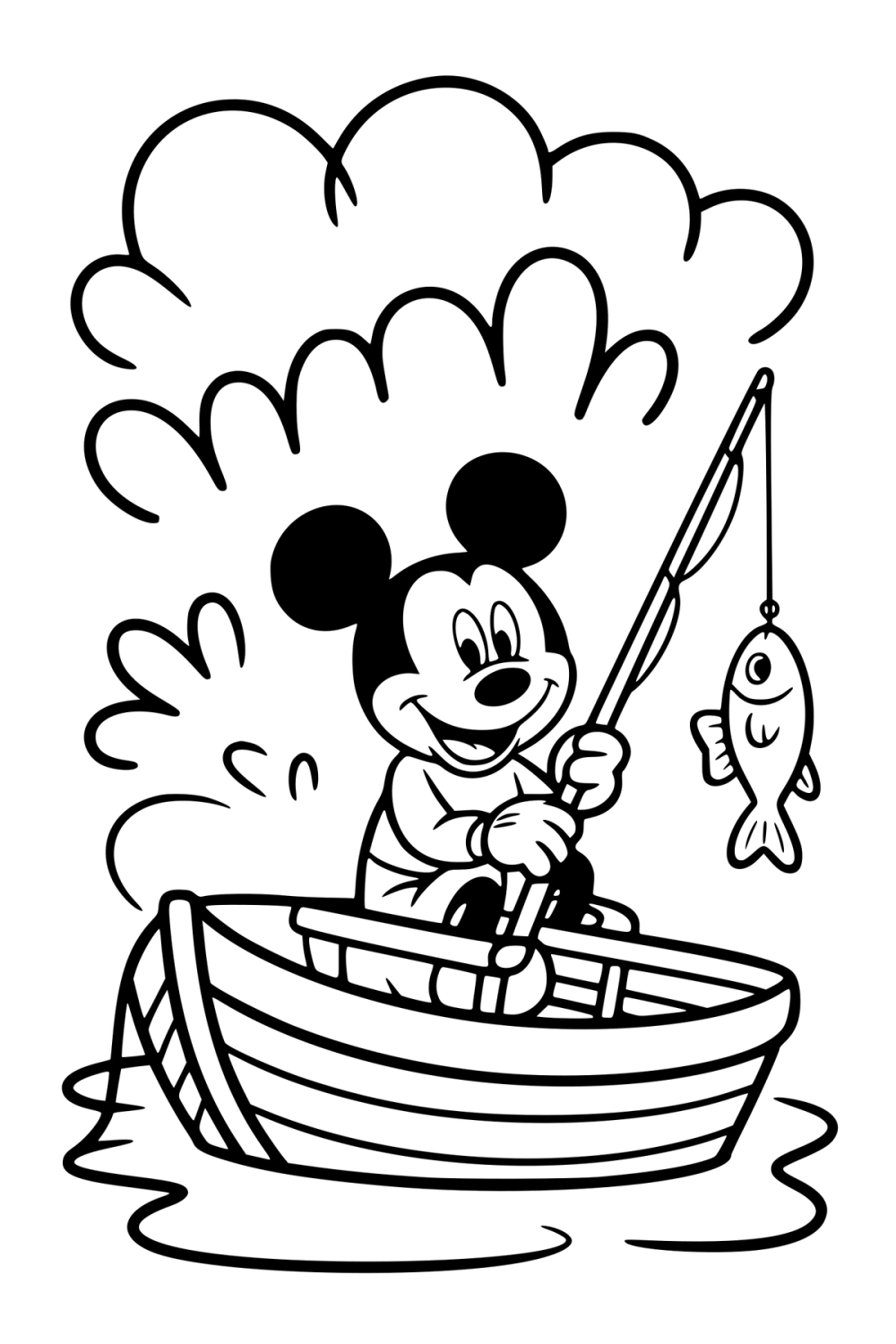Kleurplaat van Mickey Mouse die in een roeiboot zit en een vis vangt.
